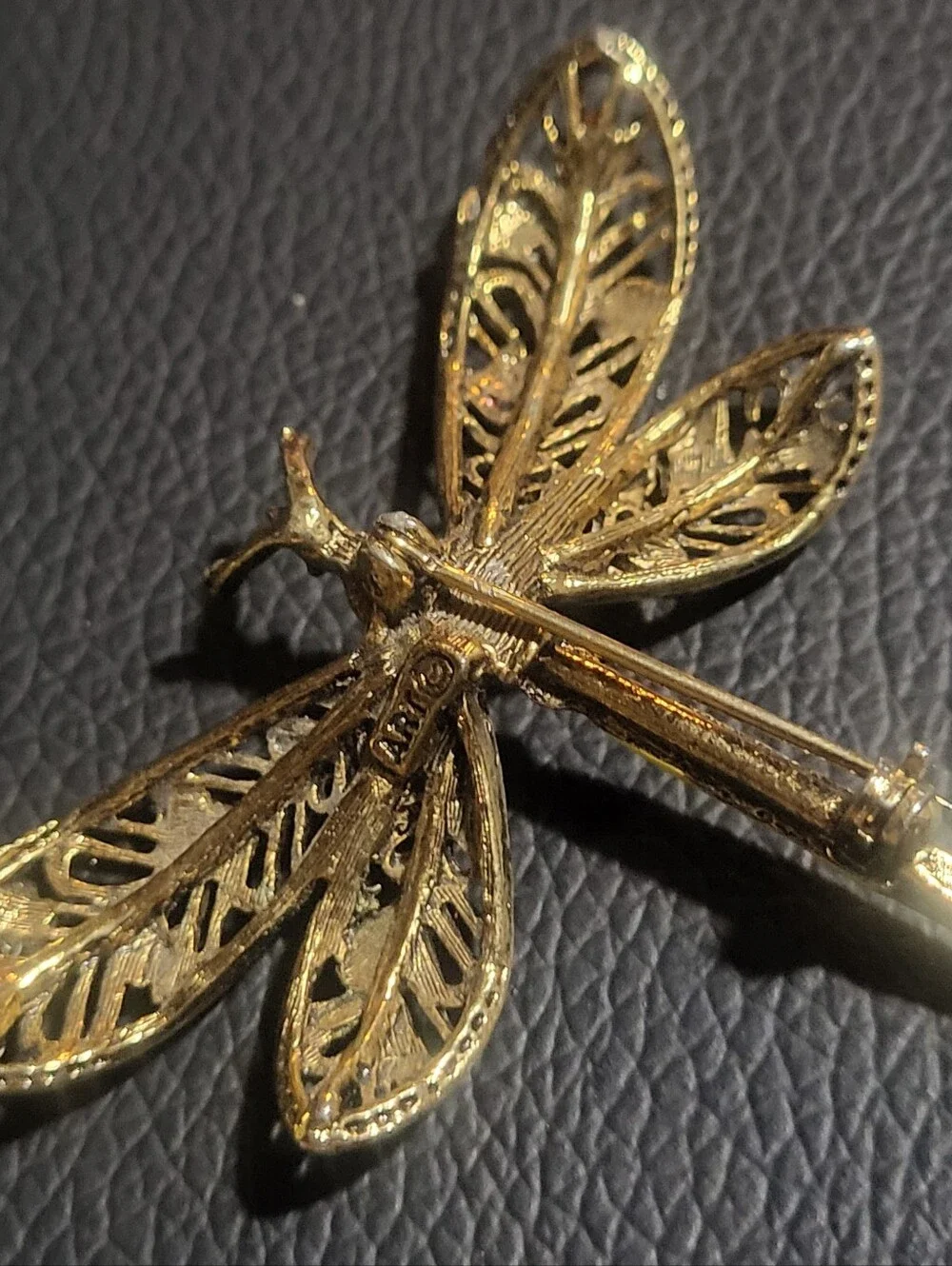 Vintage Signed ART Enamel Dragonfly Brooch Pin Faux Pearl Filigree Flower 1960s
